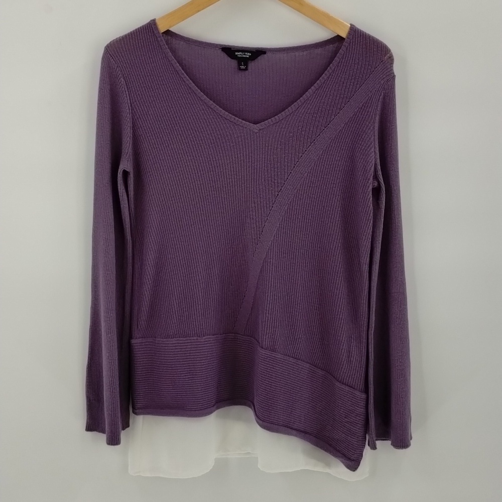 Simply Vera Vera Wang Women's Faux Double Blouse Small Purple White Long sleeve